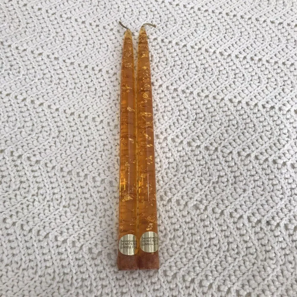 Vintage MCM 2 Lucite Candles 1960's Orange Candlesticks Gold Flecks 11.5”